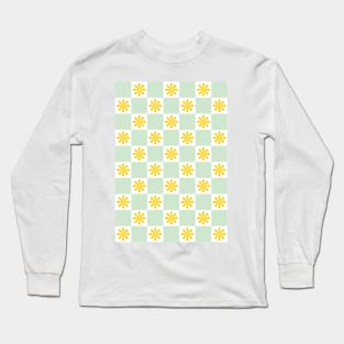 Retro Yellow, Green Checkered Floral Pattern Long Sleeve T-Shirt